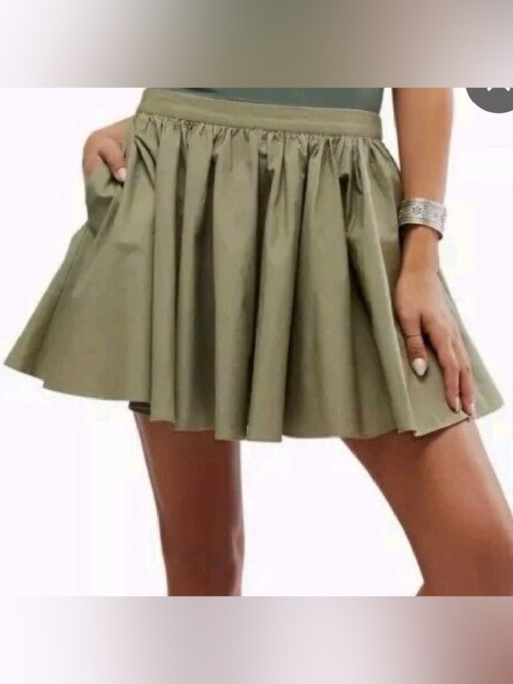 Free People Gaia Mini Skirt Olive Green 100% Cotton Pleated Flare Pockets S
